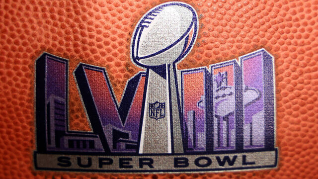 LAS VEGAS, NEVADA - FEBRUARY 06: A general view of merchandise displayed in the NFL Super Bowl Experience ahead of Super Bowl LVIII on February 06, 2024 in Las Vegas, Nevada.