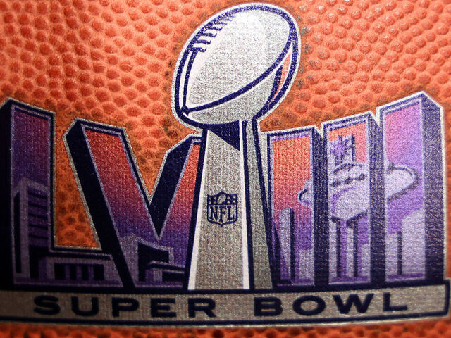 LAS VEGAS, NEVADA - FEBRUARY 06: A general view of merchandise displayed in the NFL Super Bowl Experience ahead of Super Bowl LVIII on February 06, 2024 in Las Vegas, Nevada.