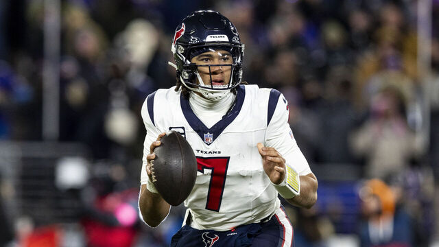 BALTIMORE, MARYLAND - JANUARY 20: C.J. Stroud #7 of the Houston Texans runs the ball during the game against the Baltimore Ravens at M&T Bank Stadium on January 20, 2024 in Baltimore, Maryland. The Ravens beat the Texans 34-10.