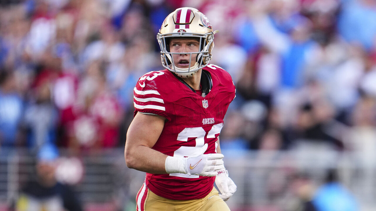 SANTA CLARA, CA - JANUARY 28: Christian McCaffrey #23 of the San Francisco 49ers looks on from the field during the NFC Championship NFL football game against the Detroit Lions at Levi's Stadium on January 28, 2024 in Santa Clara, California.