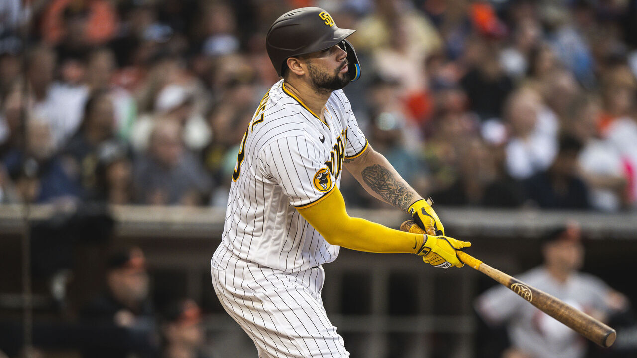 SAN DIEGO, CA - AUGUST 15: Gary Sanchez #99 of the San Diego Padres hits a grand slam home run in the first inning against the Baltimore Orioles on August 15, 2023 at Petco Park in San Diego, California.