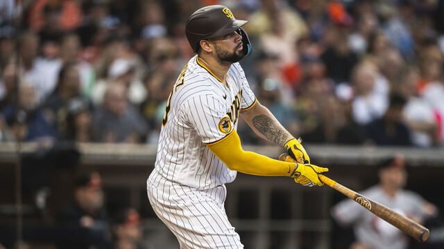 SAN DIEGO, CA - AUGUST 15: Gary Sanchez #99 of the San Diego Padres hits a grand slam home run in the first inning against the Baltimore Orioles on August 15, 2023 at Petco Park in San Diego, California.