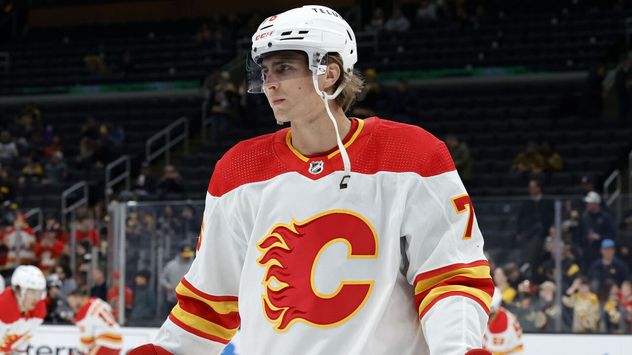BOSTON, MA - FEBRUARY 06: Calgary Flames winger Martin Pospisil (76) during warm up before a game between the Boston Bruins and the Calgary Flames on February 6, 2024, at TD Garden in Boston, Massachusetts.