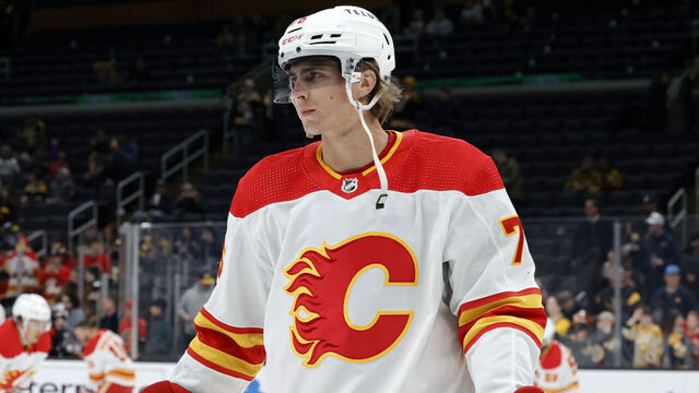 BOSTON, MA - FEBRUARY 06: Calgary Flames winger Martin Pospisil (76) during warm up before a game between the Boston Bruins and the Calgary Flames on February 6, 2024, at TD Garden in Boston, Massachusetts.