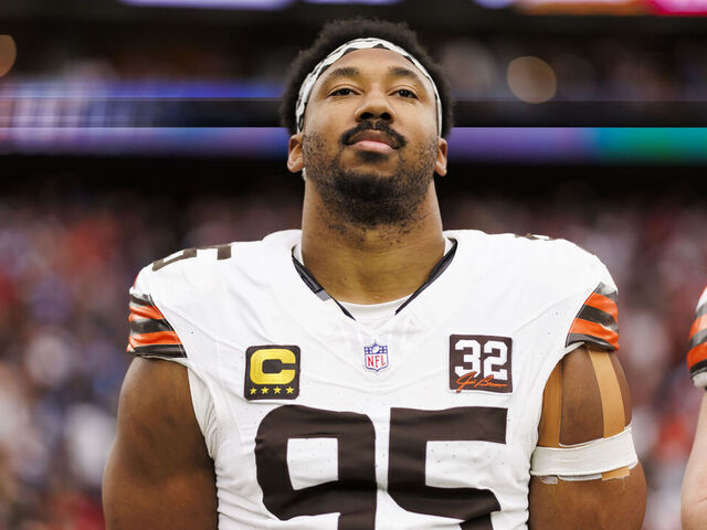 HOUSTON, TEXAS - JANUARY 13: Myles Garrett #95 of the Cleveland Browns looks on from the sideline before an AFC wild-card playoff football game against the Houston Texans at NRG Stadium on January 13, 2024 in Houston, Texas.