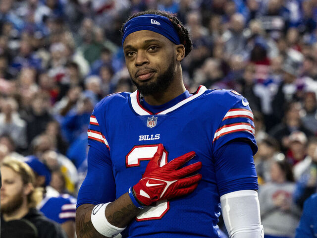 DETROIT, MICHIGAN - DECEMBER 17: Damar Hamlin #3 of the Buffalo Bills stands for the national anthem before the game against the Dallas Cowboys at Highmark Stadium on December 17, 2023 in Orchard Park, New York. The Bills beat the Cowboys 31-10.