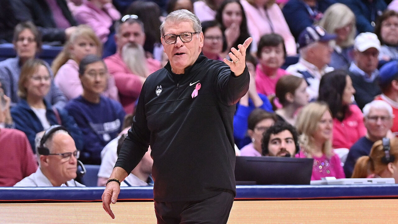 STORRS, CT - FEBRUARY 04: UConn Huskies head coach Gino Auriemma reacts to a call during the game as the St. John's Red Storm take on the UConn Huskies on February 4, 2024 at the Gampel Pavilion in Storrs, CT