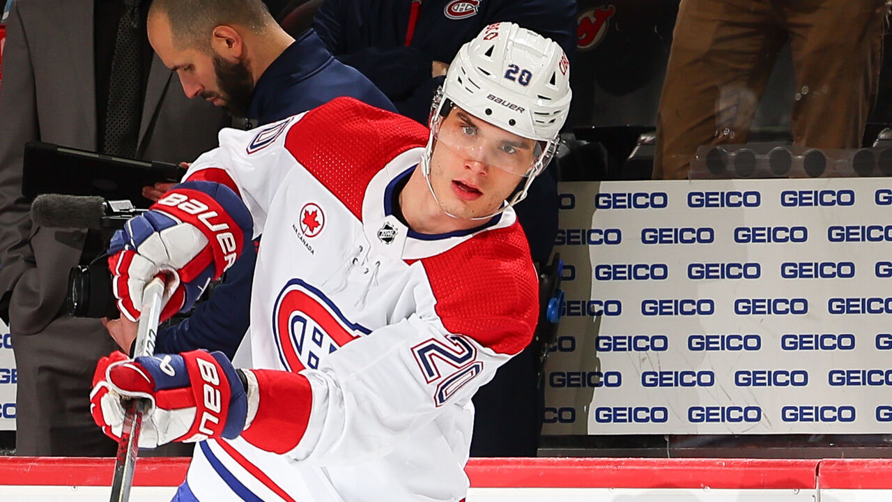 NEWARK, NJ - JANUARY 17: Juraj Slafkovsky #20 of the Montreal Canadiens during warm up prior to the game against the New Jersey Devils during the first period of the game at the Prudential Center on January 17, 2024 in Newark, New Jersey.
