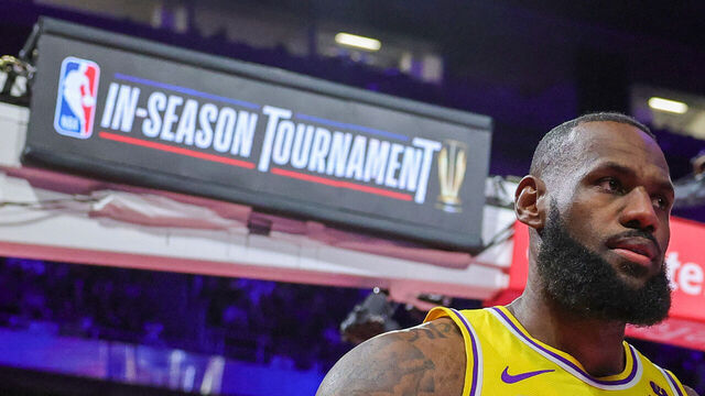 LAS VEGAS, NEVADA - DECEMBER 07: LeBron James #23 of the Los Angeles Lakers reacts after scoring and drawing a foul against the New Orleans Pelicans in the first half of the West semifinal game of the inaugural NBA In-Season Tournament at T-Mobile Arena on December 07, 2023 in Las Vegas, Nevada. The Lakers defeated the Pelicans 133-89.