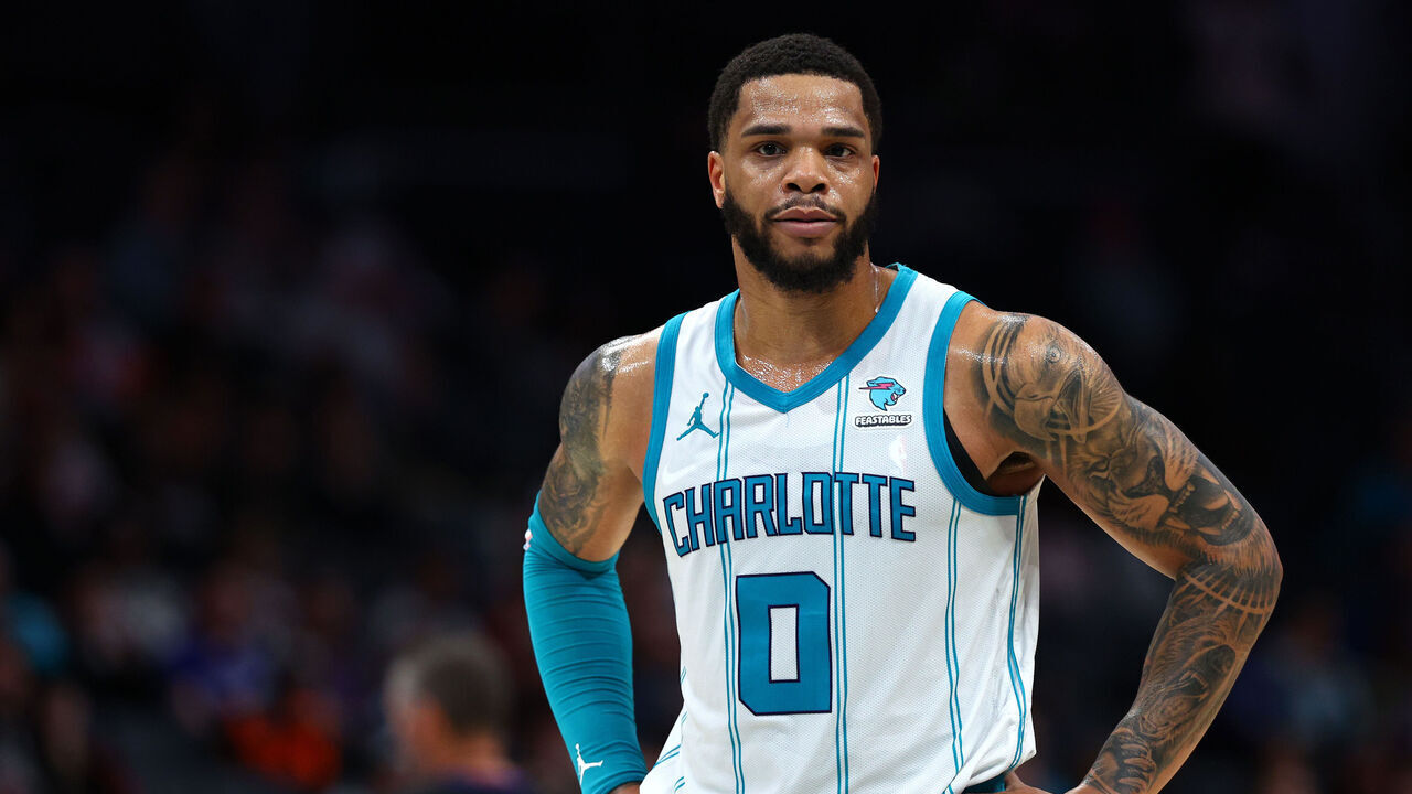 CHARLOTTE, NORTH CAROLINA - FEBRUARY 07: Miles Bridges #0 of the Charlotte Hornets looks on during the second half of the game against the Toronto Raptors at Spectrum Center on February 07, 2024 in Charlotte, North Carolina.