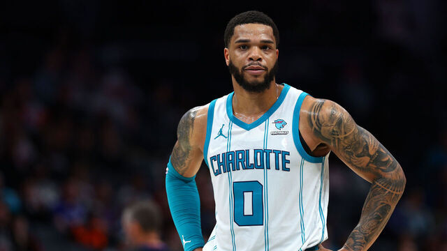 CHARLOTTE, NORTH CAROLINA - FEBRUARY 07: Miles Bridges #0 of the Charlotte Hornets looks on during the second half of the game against the Toronto Raptors at Spectrum Center on February 07, 2024 in Charlotte, North Carolina.