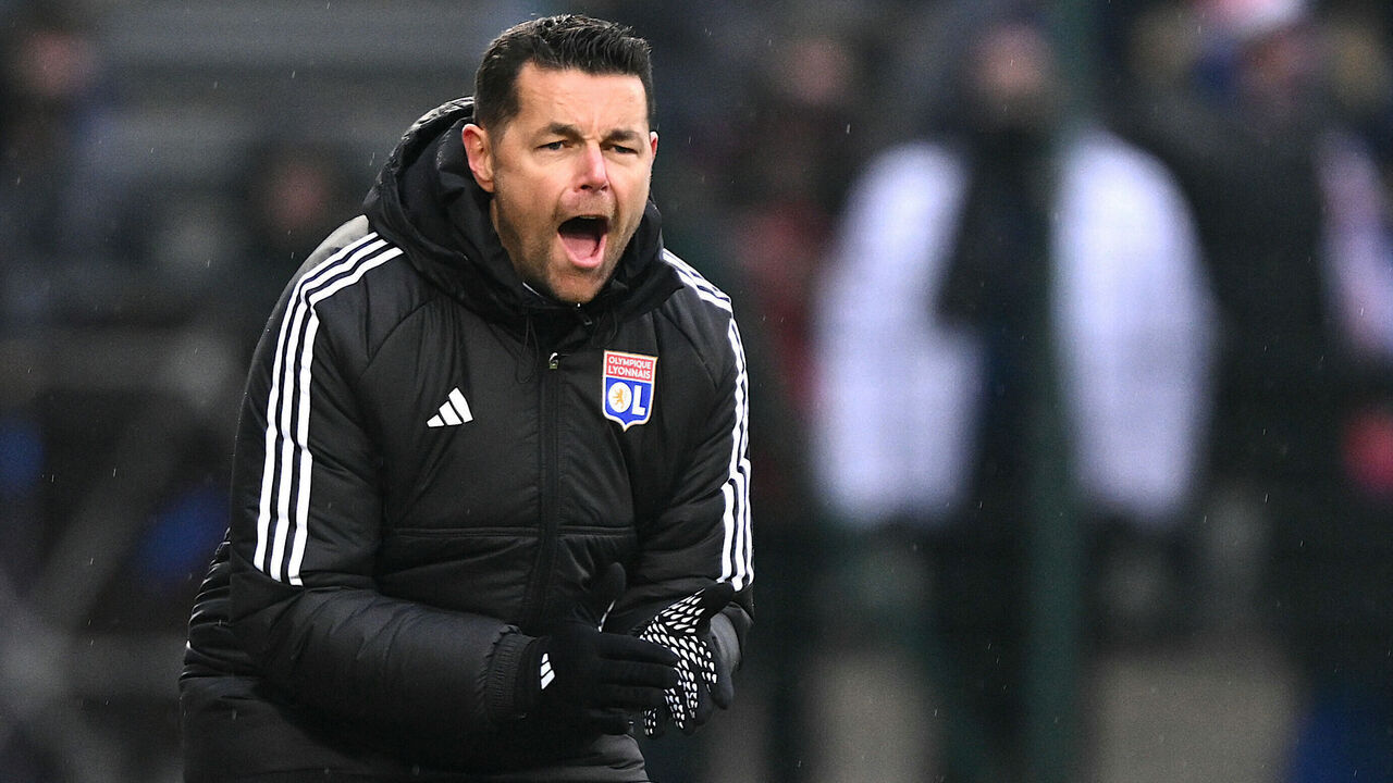 Lyon's French head coach Pierre Sage reacts during the French Cup football match between CA Pontarlier and Olympique Lyonnais (OL) at the Leo Lagrange Stadium, in Besancon, eastern France, on January 7, 2024.