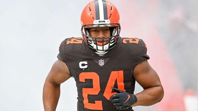 CLEVELAND, OHIO - DECEMBER 24: Nick Chubb #24 of the Cleveland Browns runs onto the field prior to a game against the New Orleans Saints at FirstEnergy Stadium on December 24, 2022 in Cleveland, Ohio.