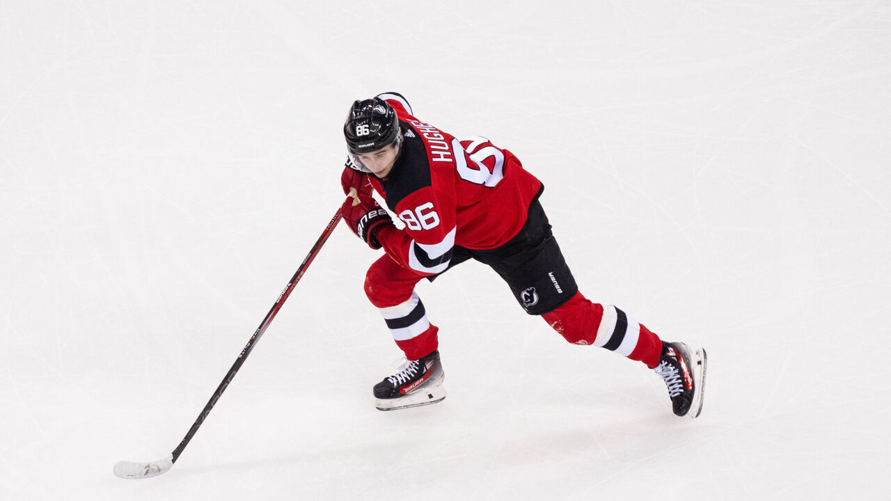 NEWARK, NEW JERSEY - JANUARY 05: Jack Hughes #86 of the New Jersey Devils skates during the first period of a game against the Chicago Blackhawks at Prudential Center on January 05, 2024 in Newark, New Jersey.