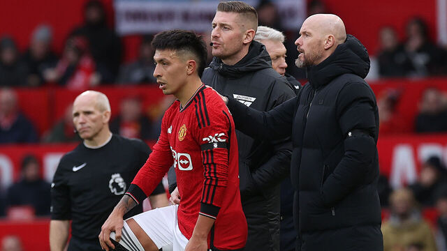 MANCHESTER, ENGLAND - FEBRUARY 04: Lisandro Martinez of Manchester United prepares to come back onto the pitch after an injury during the Premier League match between Manchester United and West Ham United at Old Trafford on February 04, 2024 in Manchester, England.