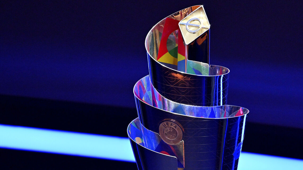 PARIS, FRANCE - FEBRUARY 08: A detailed view of the UEFA Nations League trophy on the stage prior to the UEFA Nations League 2024/25 League Phase Draw at Maison De La Mutualite on February 08, 2024 in Paris, France.