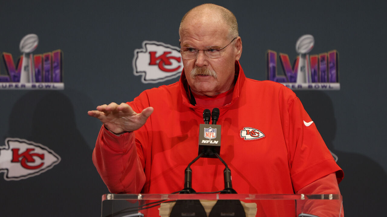 HENDERSON, NEVADA - FEBRUARY 08: Head coach Andy Reid of the Kansas City Chiefs speaks to the media during during Kansas City Chiefs media availability ahead of Super Bowl LVIII at Westin Lake Las Vegas Resort and Spa on February 08, 2024 in Henderson, Nevada.