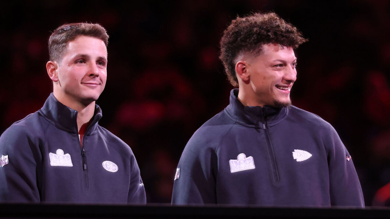 LAS VEGAS, NV - FEBRUARY 05: San Francisco 49ers quarterback Brock Purdy (13) and Kansas City Chiefs quarterback Patrick Mahomes (15) meet on stage during the Super Bowl LVIII Opening Night presented by Gatorade featuring the AFC Champions Kansas City Chiefs and the NFC Champions San Francisco 49ers on Monday, Feb. 5, 2024, at Allegiant Stadium in Las Vegas, Nevada.