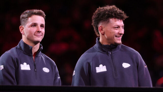 LAS VEGAS, NV - FEBRUARY 05: San Francisco 49ers quarterback Brock Purdy (13) and Kansas City Chiefs quarterback Patrick Mahomes (15) meet on stage during the Super Bowl LVIII Opening Night presented by Gatorade featuring the AFC Champions Kansas City Chiefs and the NFC Champions San Francisco 49ers on Monday, Feb. 5, 2024, at Allegiant Stadium in Las Vegas, Nevada.