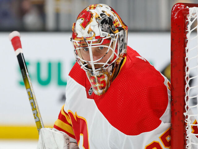 BOSTON, MASSACHUSETTS - FEBRUARY 6: Jacob Markstrom #25 of the Calgary Flames warms up prior to a game against the Boston Bruins at the TD Garden on February 6, 2024 in Boston, Massachusetts. The Flames won 4-1.