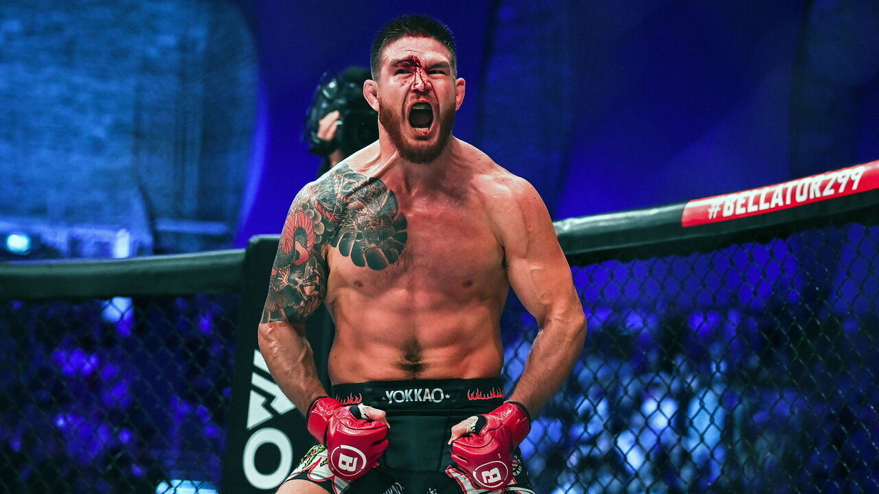 Dublin , Ireland - 23 September 2023; Johnny Eblen celebrates after winning his Middleweight fight against Fabian Edwards during the Bellator 299 at 3 Arena in Dublin.