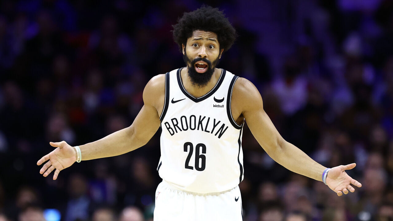 PHILADELPHIA, PENNSYLVANIA - FEBRUARY 03: Spencer Dinwiddie #26 of the Brooklyn Nets reacts during the second quarter against the Philadelphia 76ers at the Wells Fargo Center on February 03, 2024 in Philadelphia, Pennsylvania.