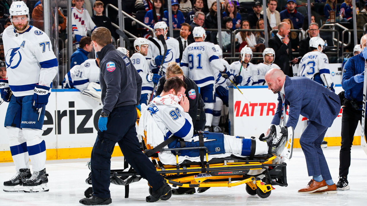 NEW YORK, NEW YORK - FEBRUARY 07: Mikhail Sergachev #98 of the Tampa Bay Lightning is stretchered off the ice by medical staff in the second period against the New York Rangers at Madison Square Garden on February 7, 2024 in New York City.