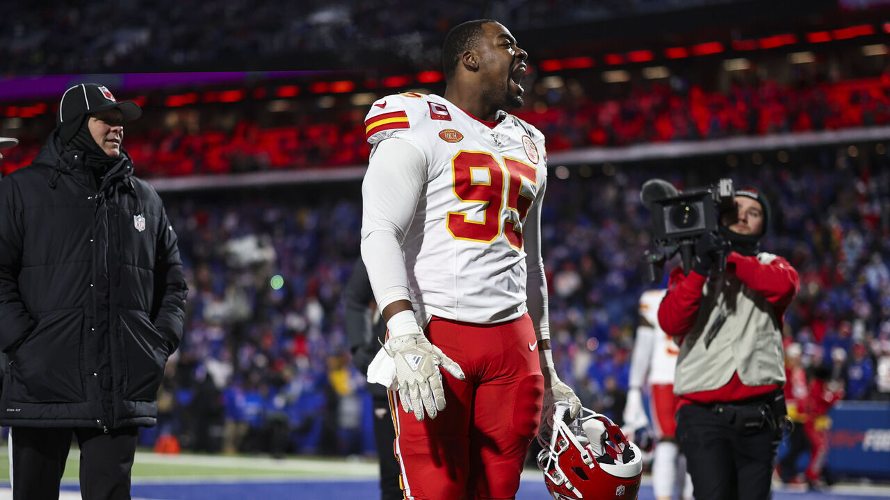 ORCHARD PARK, NY - JANUARY 21: Chris Jones #95 of the Kansas City Chiefs warms up prior to an NFL divisional round playoff football game against the Buffalo Bills at Highmark Stadium on January 21, 2024 in Orchard Park, New York.