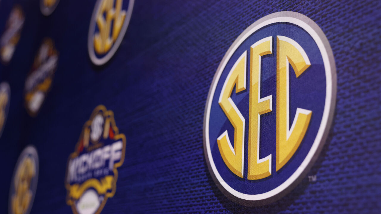 NASHVILLE, TENNESSEE - JULY 17: A detail shot of the SEC Logo during Day 1 of 2023 SEC Media Days at Grand Hyatt Nashville on July 17, 2023 in Nashville, Tennessee.