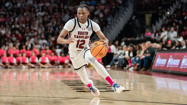 COLUMBIA, SOUTH CAROLINA - FEBRUARY 04: MiLaysia Fulwiley #12 of the South Carolina Gamecocks brings the ball up court against the Ole Miss Rebels during their game at Colonial Life Arena on February 04, 2024 in Columbia, South Carolina.