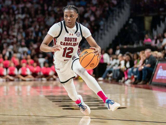 COLUMBIA, SOUTH CAROLINA - FEBRUARY 04: MiLaysia Fulwiley #12 of the South Carolina Gamecocks brings the ball up court against the Ole Miss Rebels during their game at Colonial Life Arena on February 04, 2024 in Columbia, South Carolina.