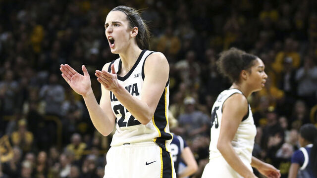 IOWA CITY, IOWA- FEBRUARY 8: Guard Caitlin Clark #22 of the Iowa Hawkeyes celebrates after a basket during the first half against the Penn State Nittany Lions at Carver-Hawkeye Arena on February 8, 2024 in Iowa City, Iowa.