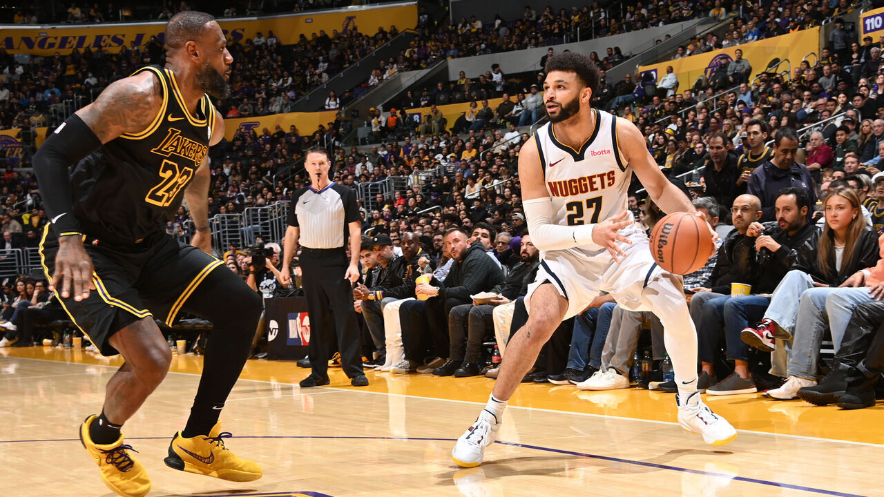 LOS ANGELES, CA - FEBRUARY 8: Jamal Murray #27 of the Denver Nuggets handles the ball during the game against the Los Angeles Lakers on Feburary 8, 2024 at Crypto.Com Arena in Los Angeles, California. NOTE TO USER: User expressly acknowledges and agrees that, by downloading and/or using this Photograph, user is consenting to the terms and conditions of the Getty Images License Agreement. Mandatory Copyright Notice: Copyright 2024 NBAE