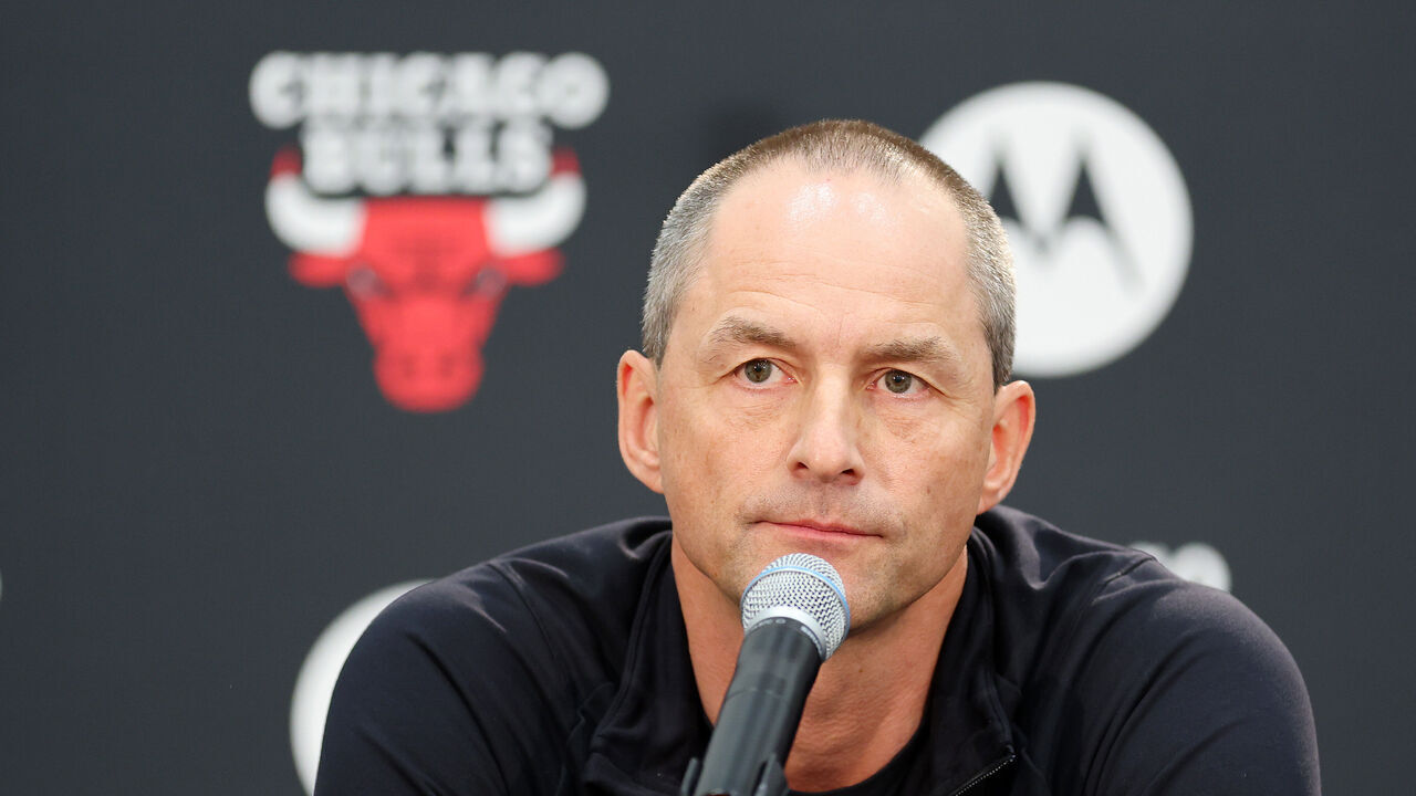 CHICAGO, ILLINOIS - OCTOBER 02: Executive Vice President of Basketball Operations Arturas Karnisovas of the Chicago Bulls answers questions from reporters during Media Day at Advocate Center on October 02, 2023 in Chicago, Illinois.