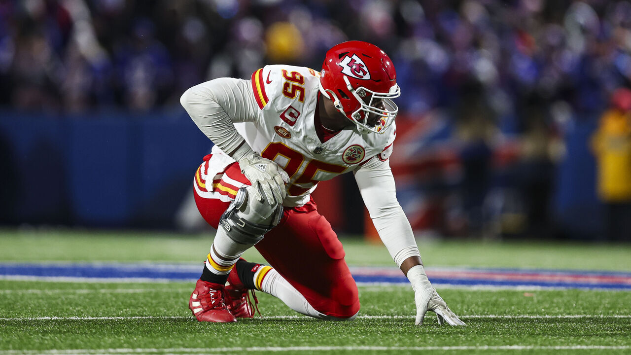 ORCHARD PARK, NY - JANUARY 21: Chris Jones #95 of the Kansas City Chiefs lines up during an NFL divisional round playoff football game against the Buffalo Bills at Highmark Stadium on January 21, 2024 in Orchard Park, New York.