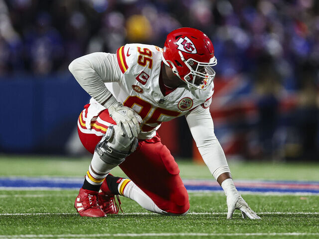 ORCHARD PARK, NY - JANUARY 21: Chris Jones #95 of the Kansas City Chiefs lines up during an NFL divisional round playoff football game against the Buffalo Bills at Highmark Stadium on January 21, 2024 in Orchard Park, New York.