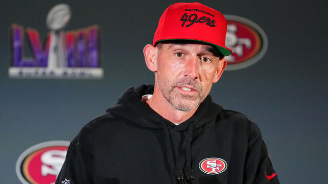 HENDERSON, NEVADA - FEBRUARY 08: Head coach Kyle Shanahan speaks to media during San Francisco 49ers media availability ahead of Super Bowl LVIII at Hilton Lake Las Vegas Resort and Spa on February 08, 2024 in Henderson, Nevada.