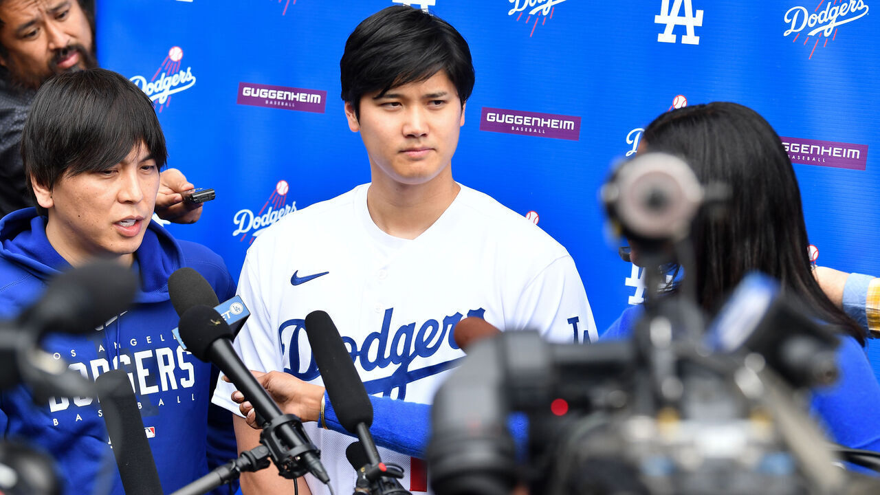 LOS ANGELES, CA - FEBRUARY 03: Los Angeles Dodgers designated hitter Shohei Ohtani (17) is interviewed during DodgerFest at Dodger Stadium on February 03, 2024 in Los Angeles, California.