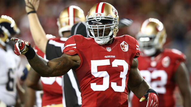 SANTA CLARA, CA - SEPTEMBER 12: NaVorro Bowman #53 of the San Francisco 49ers reacts after a play against the Los Angeles Rams during their NFL game at Levi's Stadium on September 12, 2016 in Santa Clara, California.