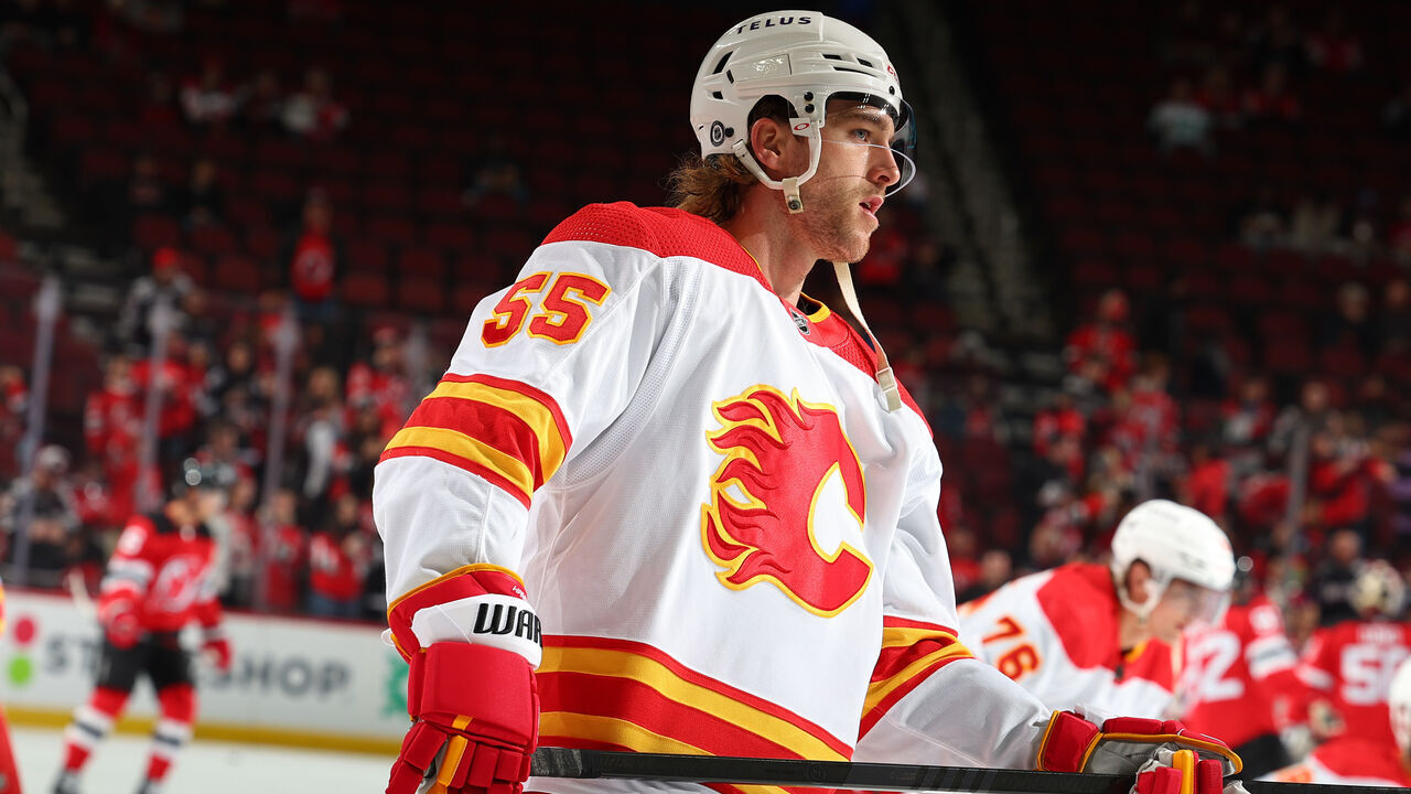 NEWARK, NJ - FEBRUARY 08: Noah Hanifin #55 of the Calgary Flames warms up prior to the game against the New Jersey Devils at the Prudential Center on February 8, 2024 in Newark, New Jersey.