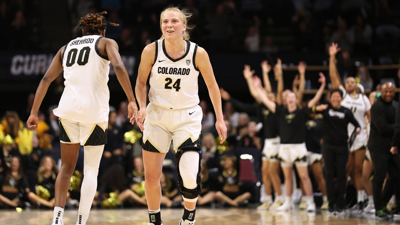 BOULDER, COLORADO - FEBRUARY 9: Maddie Nolan #24 of the Colorado Buffaloes reacts after a made three pointer against the Oregon Ducks in the first half at the CU Events Center on February 9, 2024 in Boulder, Colorado.