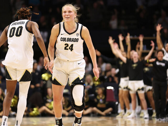 BOULDER, COLORADO - FEBRUARY 9: Maddie Nolan #24 of the Colorado Buffaloes reacts after a made three pointer against the Oregon Ducks in the first half at the CU Events Center on February 9, 2024 in Boulder, Colorado.