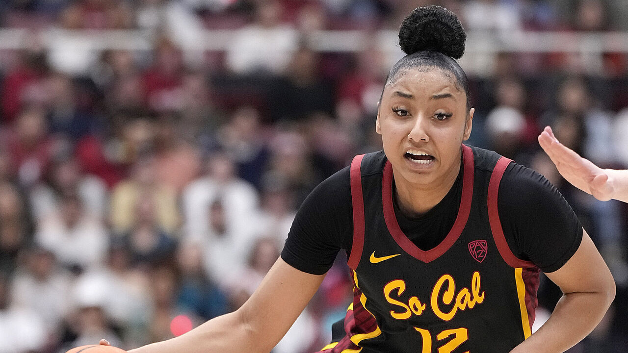 PALO ALTO, CALIFORNIA - FEBRUARY 02: JuJu Watkins #12 of the USC Trojans drives towards the basket against the Stanford Cardinal in the second quarter of an NCAA basketball game at Stanford Maples Pavilion on February 02, 2024 in Palo Alto, California.