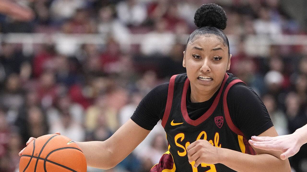 PALO ALTO, CALIFORNIA - FEBRUARY 02: JuJu Watkins #12 of the USC Trojans drives towards the basket against the Stanford Cardinal in the second quarter of an NCAA basketball game at Stanford Maples Pavilion on February 02, 2024 in Palo Alto, California.