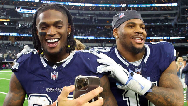ARLINGTON, TEXAS - OCTOBER 29: CeeDee Lamb #88 and Micah Parsons #11 of the Dallas Cowboys celebrate after the win over the Los Angeles Rams at AT&T Stadium on October 29, 2023 in Arlington, Texas.