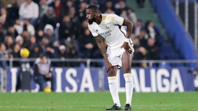 MADRID, SPAIN - 2024/02/01: Antonio Rudiger of Real Madrid is injured during the La Liga 2023/24 match between Getafe and Real Madrid at Coliseum Stadium. Getafe 0 : 2 Real Madrid.