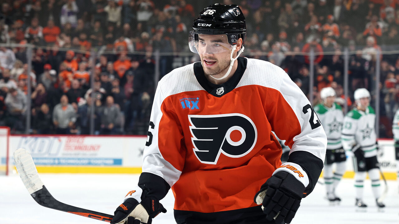 PHILADELPHIA, PENNSYLVANIA - JANUARY 18: Sean Walker #26 of the Philadelphia Flyers looks on after scoring during the first period against the Dallas Stars at the Wells Fargo Center on January 18, 2024 in Philadelphia, Pennsylvania.