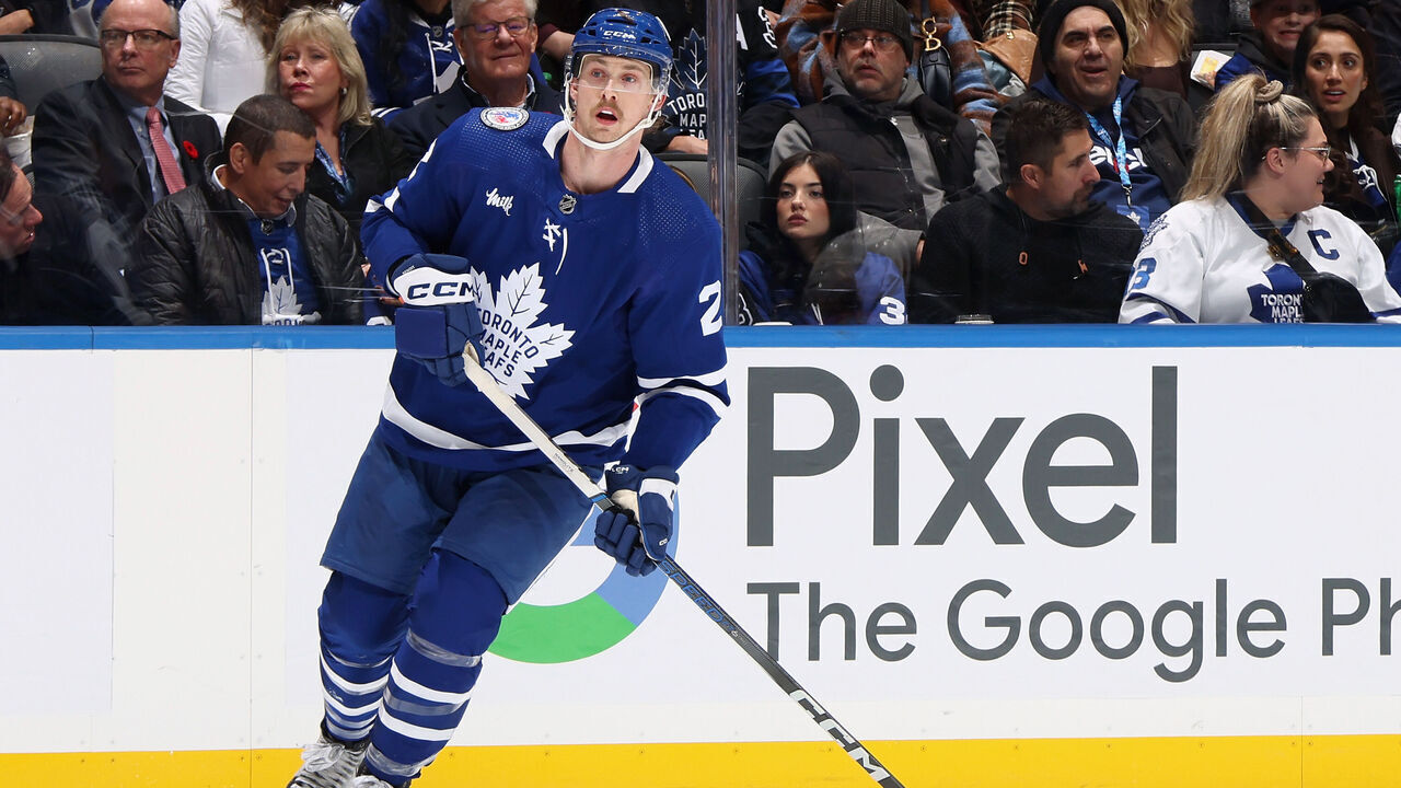 TORONTO, CANADA - NOVEMBER 10: Simon Benoit #2 of the Toronto Maple Leafs skates against the Calgary Flames at Scotiabank Arena on November 10, 2023 in Toronto, Ontario, Canada.