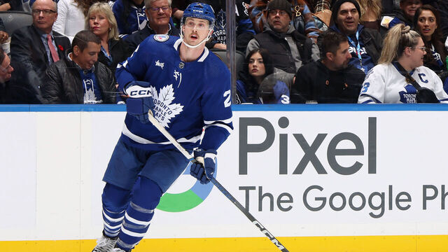 TORONTO, CANADA - NOVEMBER 10: Simon Benoit #2 of the Toronto Maple Leafs skates against the Calgary Flames at Scotiabank Arena on November 10, 2023 in Toronto, Ontario, Canada.