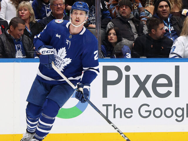 TORONTO, CANADA - NOVEMBER 10: Simon Benoit #2 of the Toronto Maple Leafs skates against the Calgary Flames at Scotiabank Arena on November 10, 2023 in Toronto, Ontario, Canada.